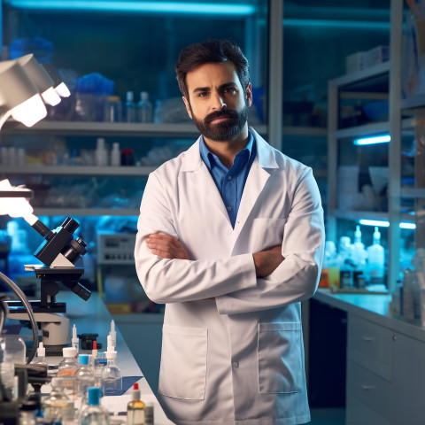 Confident handsome indian man research scientist at work on blured background