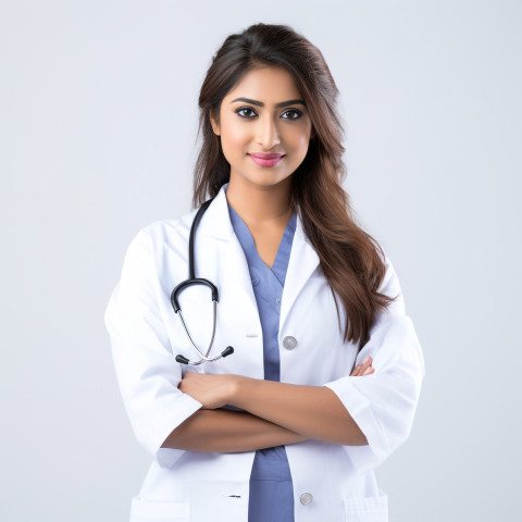 Confident beautiful indian woman home health aide at work on isolated white background