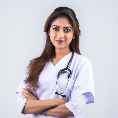 Confident beautiful indian woman nurse at work on isolated white background