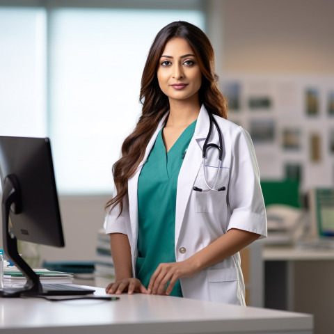 Confident beautiful indian woman medical receptionist at work on blured background