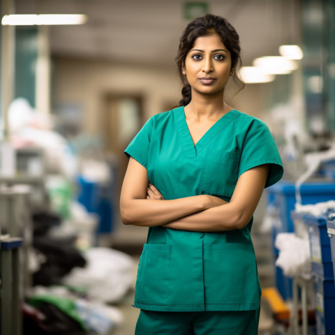 Confident beautiful indian woman environmental services staff at work on blured background