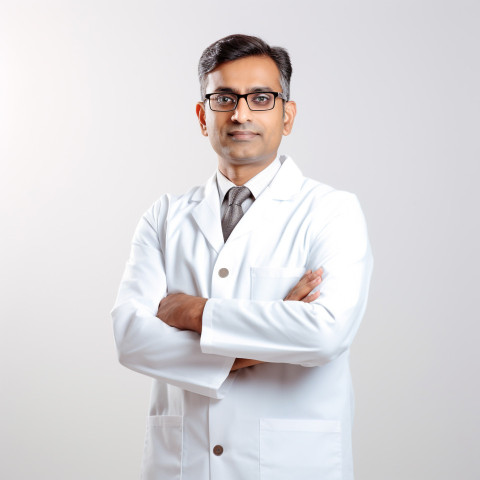 Confident handsome indian man biomedical engineer at work on isolated white background