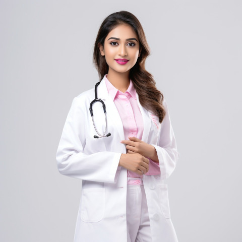 Confident beautiful indian woman medical laboratory technologist at work on isolated white background