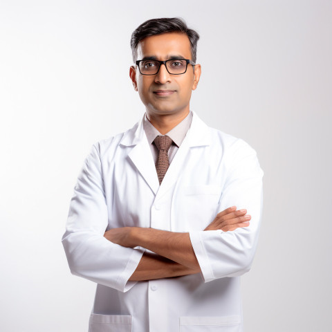 Confident handsome indian man biomedical engineer at work on isolated white background