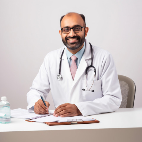 Confident handsome indian man medical receptionist at work on isolated white background