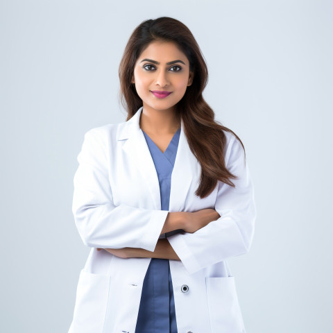 Confident beautiful indian woman home health aide at work on isolated white background