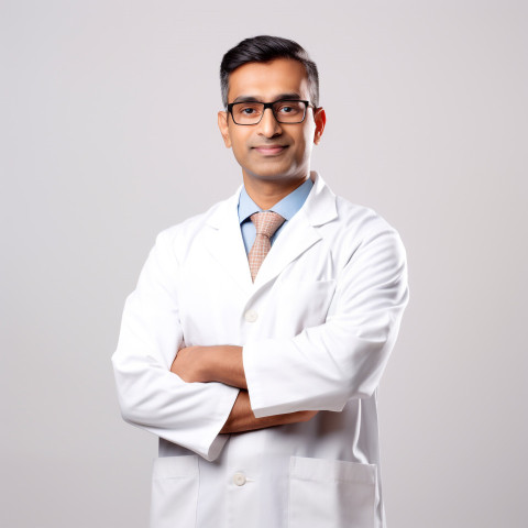 Confident handsome indian man biomedical engineer at work on isolated white background