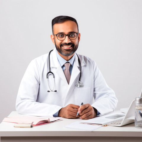 Confident handsome indian man medical receptionist at work on isolated white background