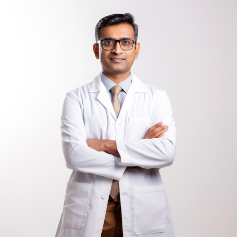 Confident handsome indian man biomedical engineer at work on isolated white background