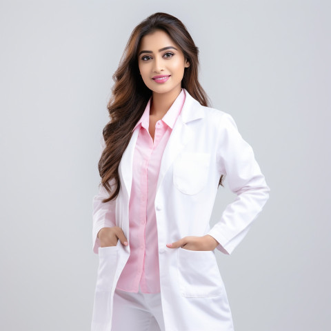 Confident beautiful indian woman medical laboratory technologist at work on isolated white background