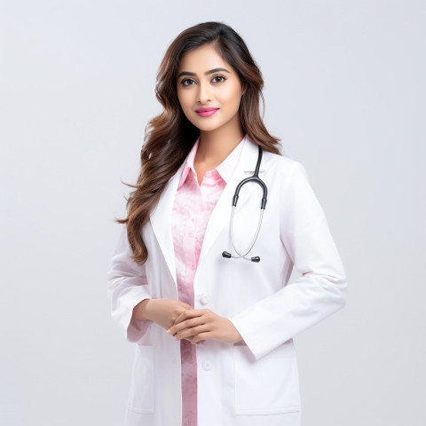 Confident beautiful indian woman medical laboratory technologist at work on isolated white background