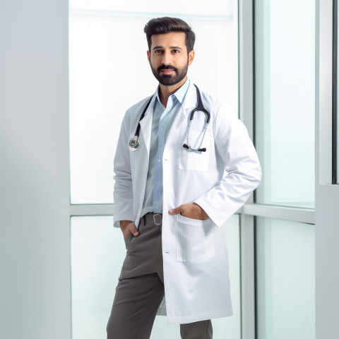 Confident handsome indian man medical assistant at work on blured background