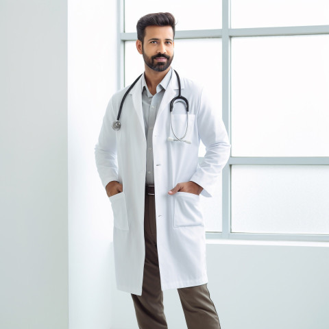 Confident handsome indian man medical assistant at work on blured background