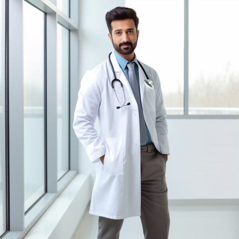 Confident handsome indian man medical assistant at work on blured background