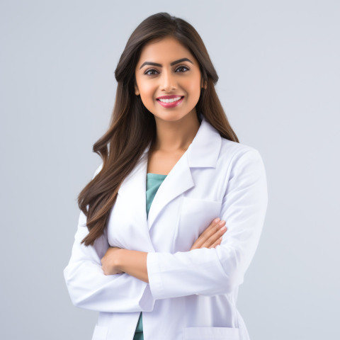 Confident beautiful indian woman patient advocate at work on isolated white background