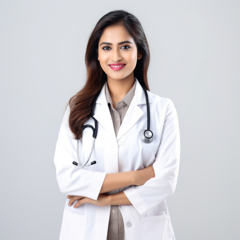 Confident beautiful indian woman pharmacist at work on isolated white background