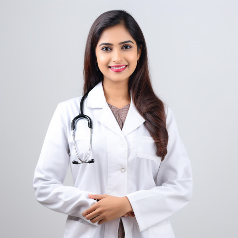 Confident beautiful indian woman pharmacist at work on isolated white background