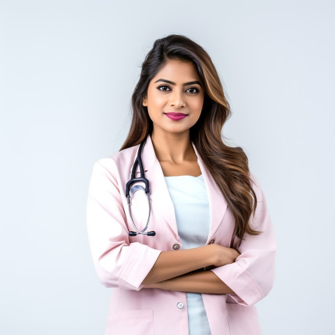 Confident beautiful indian woman healthcare marketing specialist at work on isolated white background