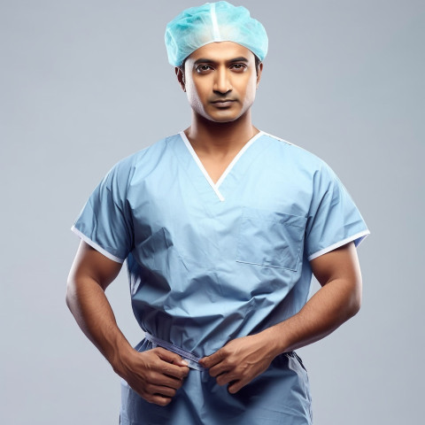 Confident handsome indian man surgeon at work on isolated white background