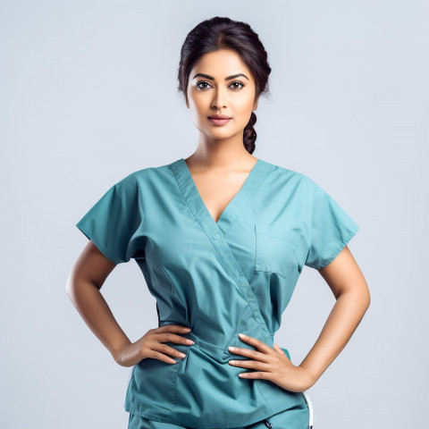 Confident beautiful indian woman surgeon at work on isolated white background