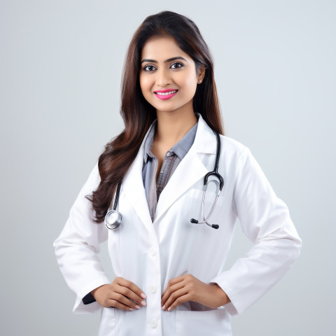 Confident beautiful indian woman pharmacist at work on isolated white background