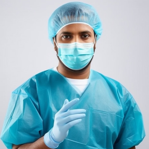 Confident handsome indian man infection control specialist at work on isolated white background