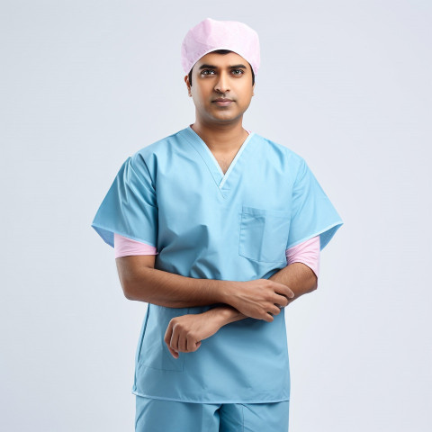 Confident handsome indian man surgeon at work on isolated white background