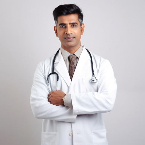 Confident handsome indian man physician at work on isolated white background