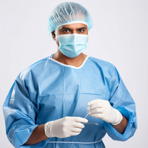 Confident handsome indian man surgeon at work on isolated white background