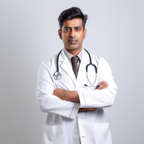 Confident handsome indian man physician at work on isolated white background