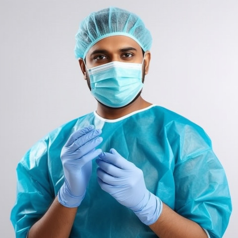 Confident handsome indian man infection control specialist at work on isolated white background