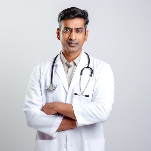 Confident handsome indian man physician at work on isolated white background