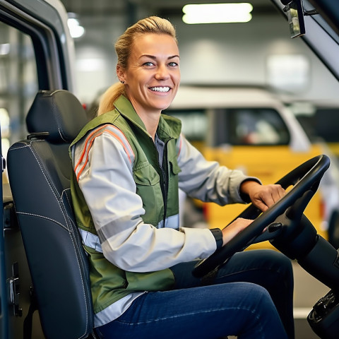 Friendly smiling beautiful woman automotive driver at work on blured background