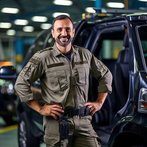 Friendly smiling handsome man automotive security personnel at work on blured background