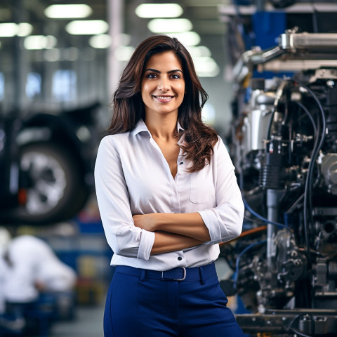 Friendly smiling beautiful indian woman automotive fleet manager at work on blured background