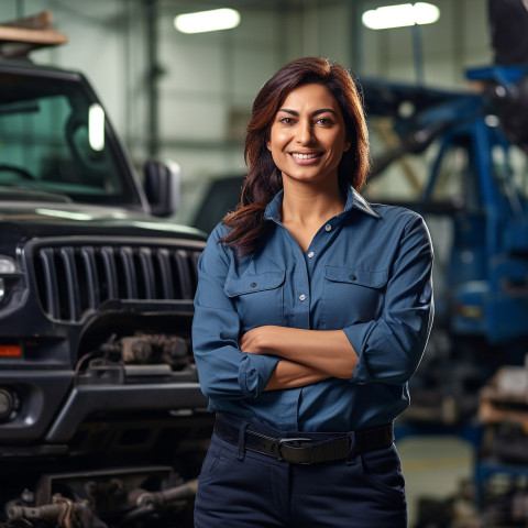 Friendly smiling beautiful indian woman automotive fleet manager at work on blured background