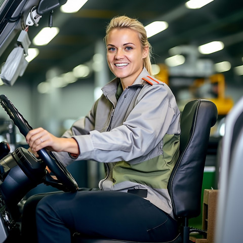 Friendly smiling beautiful woman automotive driver at work on blured background