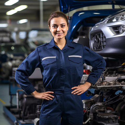 Friendly smiling beautiful indian woman automotive quality control inspector at work on blured background