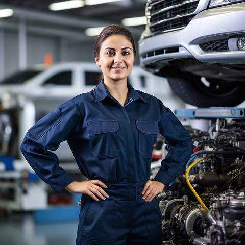 Friendly smiling beautiful indian woman automotive quality control inspector at work on blured background