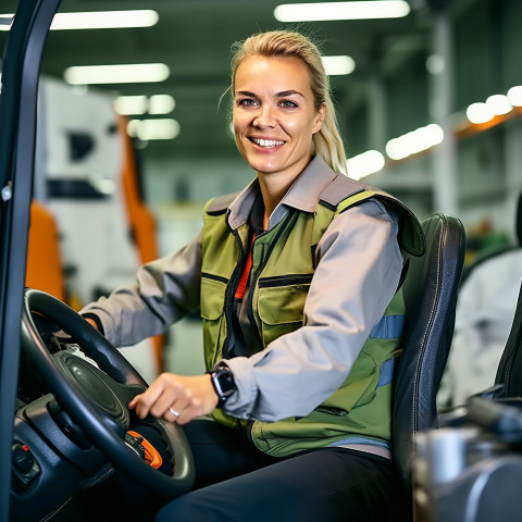 Friendly smiling beautiful woman automotive driver at work on blured background