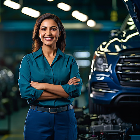 Friendly smiling beautiful indian woman automotive fleet manager at work on blured background