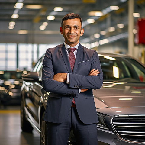 Friendly smiling handsome indian man automotive marketing manager at work on blured background