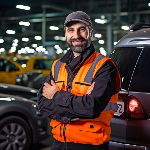 Friendly smiling handsome man automotive security personnel at work on blured background