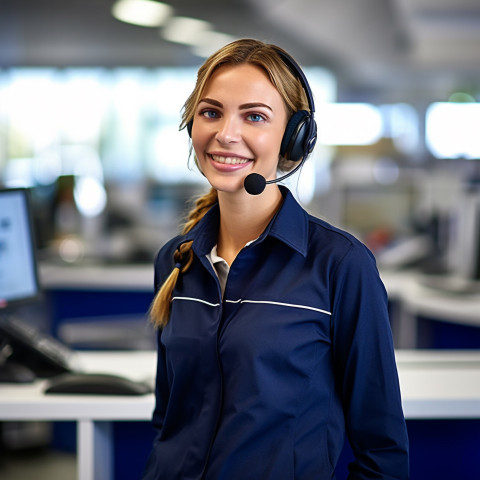 Friendly smiling beautiful woman automotive customer service representatives at work on blured background