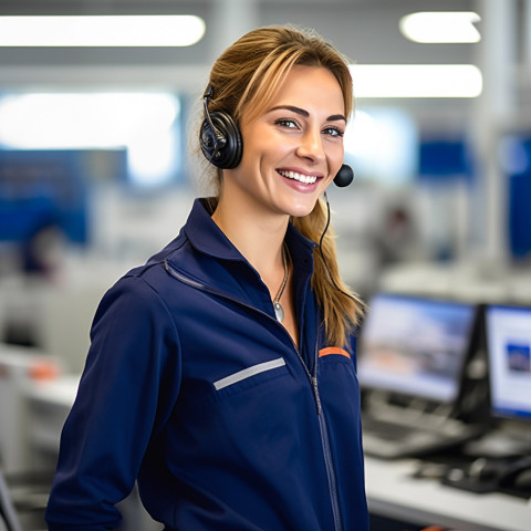 Friendly smiling beautiful woman automotive customer service representatives at work on blured background