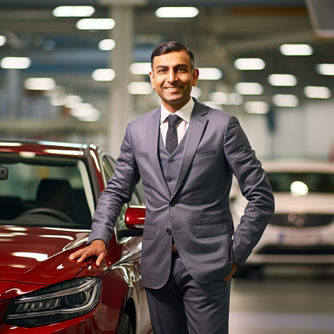 Friendly smiling handsome indian man automotive marketing manager at work on blured background