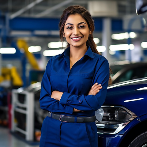 Friendly smiling beautiful indian woman automotive customer service representatives at work on blured background