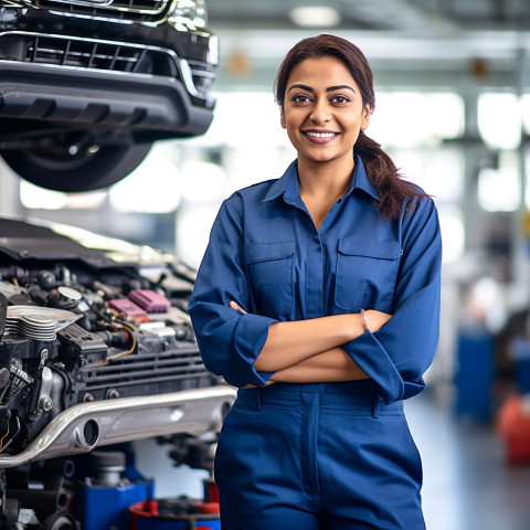 Friendly smiling beautiful indian woman automotive service manager at work on blured background