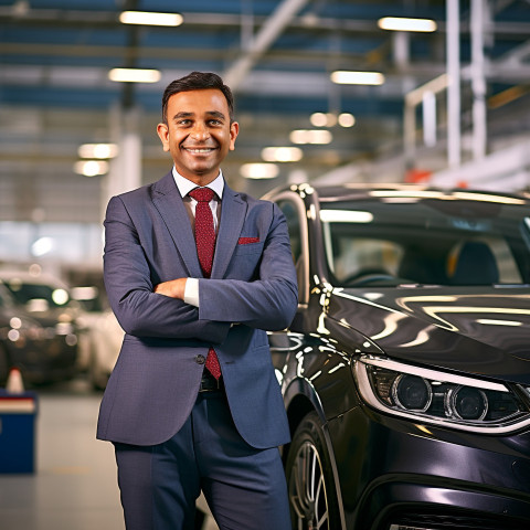 Friendly smiling handsome indian man automotive marketing manager at work on blured background