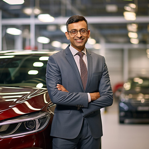 Friendly smiling handsome indian man automotive marketing manager at work on blured background